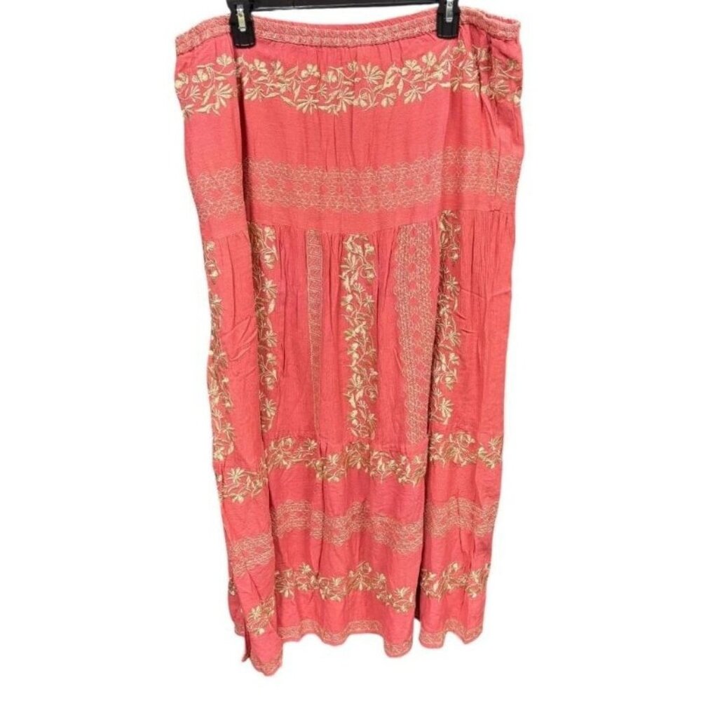 NWT Hale Bob Coral‎ Gold Boho Embroidered Gauze Crinkle Maxi Skirt Size XL